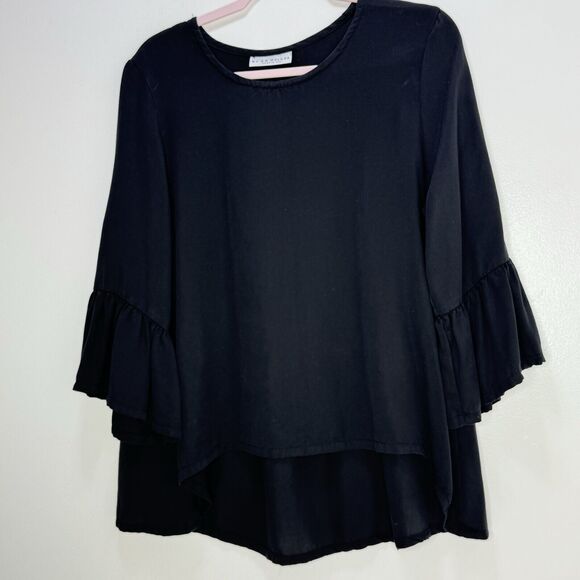 Bryn Walker Fran Round Neck Ruffle 3/4 Bell Sleeve Top Sz S Hi Low Hem Tencel - Picture 3 of 10